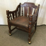 Vintage Jacobean Revival Solid Walnut & Brown Vinyl Rolling Armchair