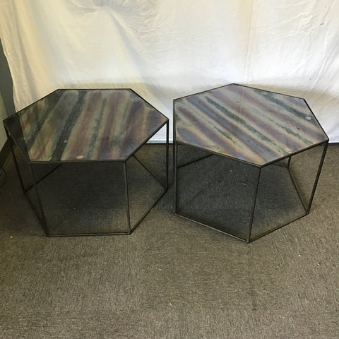 Pair of Modern Metal & Iridescent Glass Hexagonal End Tables