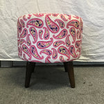 Modern MCM Round Pink Paisley Upholstered Ottoman