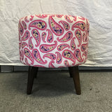 Modern MCM Round Pink Paisley Upholstered Ottoman