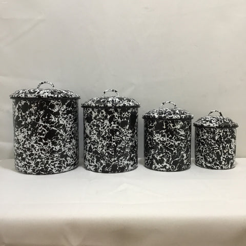 Set of 4 Vintage Black & White Spongeware Enamel Nesting Canisters