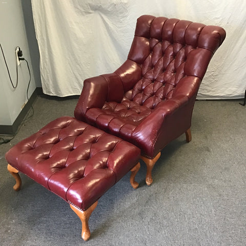 Vintage Regency Red Tufted Leather Armchair & Ottoman