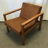 Vintage MCM Solid Oak & Brown Upholstered Armchair
