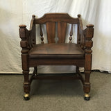 Vintage Jacobean Revival Solid Walnut & Brown Vinyl Rolling Armchair