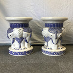 Pair of Modern White & Blue Ceramic Elephant Garden Stools