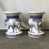 Pair of Modern White & Blue Ceramic Elephant Garden Stools