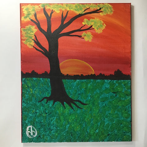 Original Red & Green Tree Sunset Acrylic Painting on Canvas
