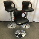 Set of 3 Black Vinyl & Silver Metal Adjustable-Height Stools