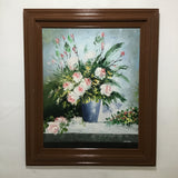 Framed Signed Original White & Pink Flowers in Vase Oil Painting