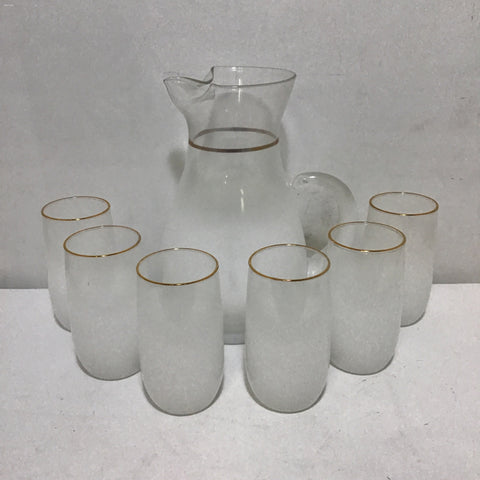 7pc Serivce for 6 Vintage MCM White Frosted Glass Drink Set