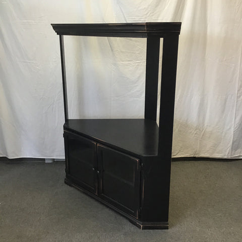 Vintage Black Painted Faux-Wood Laminate Corner Cabinet