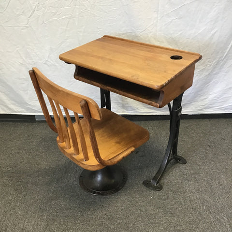 Vintage Solid Maple & Cast Iron Children's School Desk & Chair