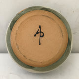 Signed Green & Tan Tree Motif Ceramic Bowl