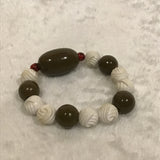 Twin Cat White & Olive Green Beaded Elastic Bracelet