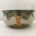 Signed Green & Tan Tree Motif Ceramic Bowl