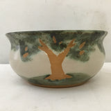 Signed Green & Tan Tree Motif Ceramic Bowl