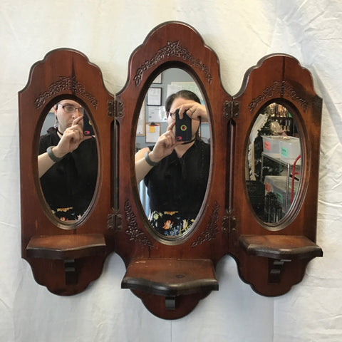 Vintage Solid Pine 3-Panel Sconce Mirror