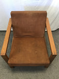 Vintage MCM Solid Oak & Brown Upholstered Armchair