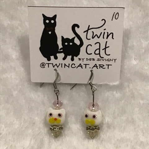 Twin Cat White Cat Dangle Earrings