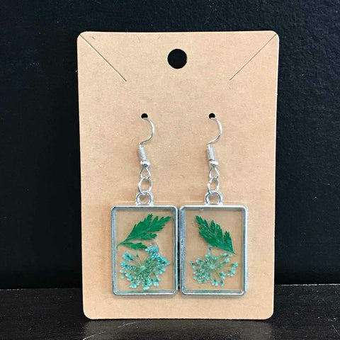 Rustic Petal Shop Pressed Light Blue Flowers in Silver Rectangle Earrings