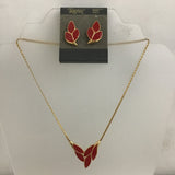 Vintage 3pc Trifari Red Enamel Leaves on Gold-Tone Necklace & Earrings Set