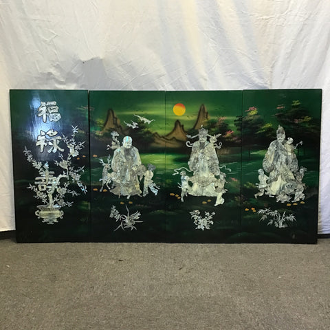 Vintage Mother-of-Pearl Inlaid Green & Black Lacquer Quadriptych