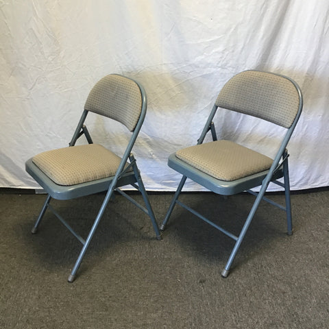 Pair of Vintage Blue Metal & Grey Upholstered Folding Chairs