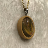Twin Cat Green Botanical Print in Wood Bezel Necklace on Gold Chain