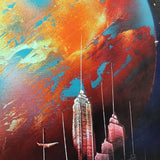Signed Original Spray Paint Planet & Cityscape On Canvas