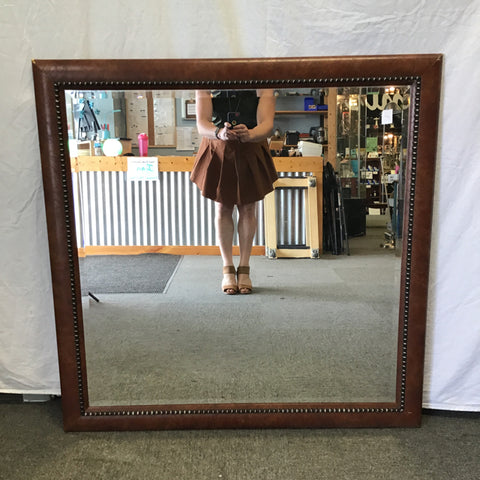 Square Faux Leather and Nailhead Framed Beveled Mirror