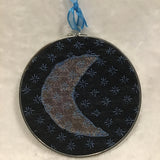 Twin Cat Blue Crescent Moon w/ Sashiko Embroidery in Vintage Hoop