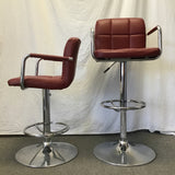 Pair of Modern Red Vinyl & Chrome Adjustable-Height Stools