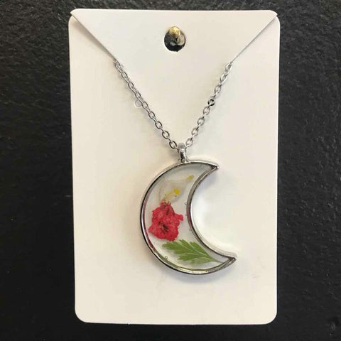 Rustic Petal Shop Pressed Red & White Flowers in Silver Moon Pendant Necklace