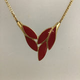 Vintage 3pc Trifari Red Enamel Leaves on Gold-Tone Necklace & Earrings Set