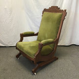 Antique Eastlake Solid Mahogany & Green Velvet Platform Rocking Chair