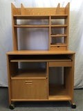 Modern Oak Veneer Rolling Computer Desk & Hutch
