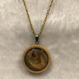 Twin Cat Green Botanical Print in Wood Bezel Necklace on Gold Chain