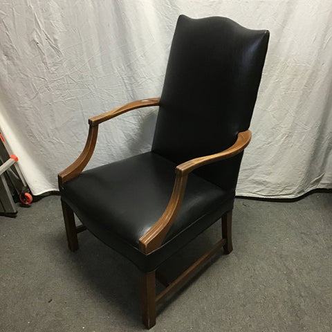 Vintage Black Leather & Solid Wood Accent Chair