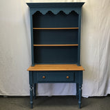 Vintage Farmhouse Solid Oak & Blue Laminate Side Table & Hutch