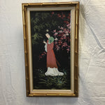 Vintage Faux-Bamboo Framed Painting of Geisha on Canvas