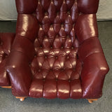 Vintage Regency Red Tufted Leather Armchair & Ottoman