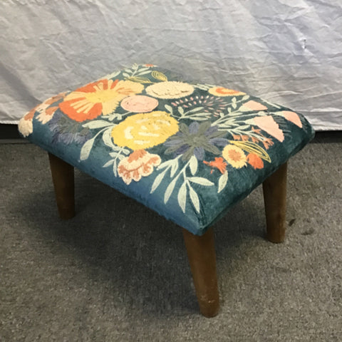 Hand Embroidered Blue Floral Foot Stool