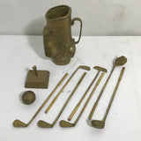 10pc Vintage MCM Solid Brass Gold Caddy, Clubs, Ball, & Tee Set