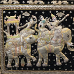 Vintage Framed Hand Embroidered Black & Gold Pillowed Elephant Tapestry