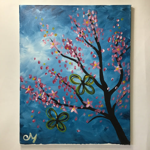 Original Blue & Pink Butterfly Blossoms Acrylic Painting on Canvas