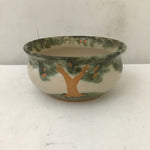Signed Green & Tan Tree Motif Ceramic Bowl