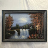 Framed Original Moonlit Waterfalls Landscape Oil Painting