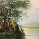 Framed Signed Original Mountain River Village Landscape Oil Painting