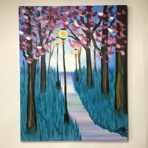 Original Blue & Pink Blossoming Path Acrylic Painting on Canvas
