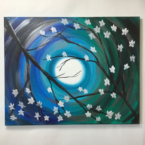 Original Blue & Green"Moonlit Blossoms" Acrylic Painting on Canvas